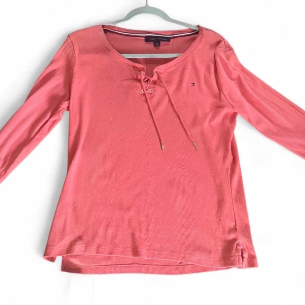 Tommy Hilfiger Coral Ribbed Knit Top Lace-Up Neckline - L